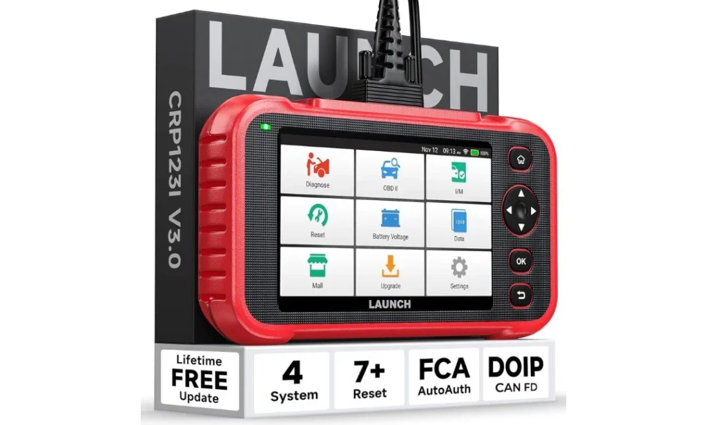 LAUNCH CRP123I V3.0 Elite scanner with engine, transmission, ABS, and SRS diagnostic functions.